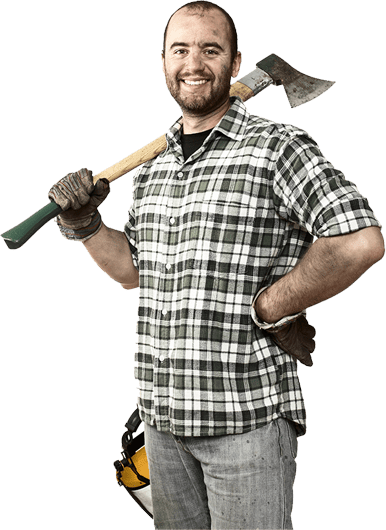 Lumberjack holding an axe on his right shoulder
